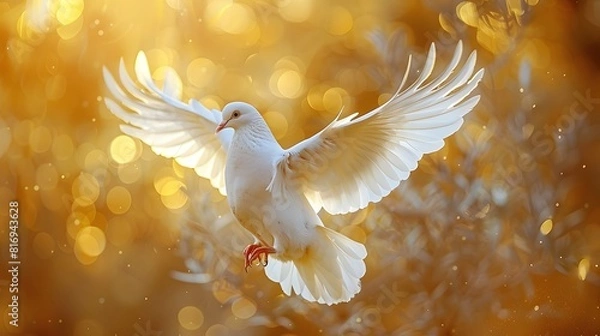Fototapeta A white dove flaps its wings in the air, radiating warm light and symbolizing peace and freedom.
