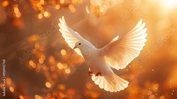 Fototapeta A white dove flaps its wings in the air, radiating warm light and symbolizing peace and freedom.
