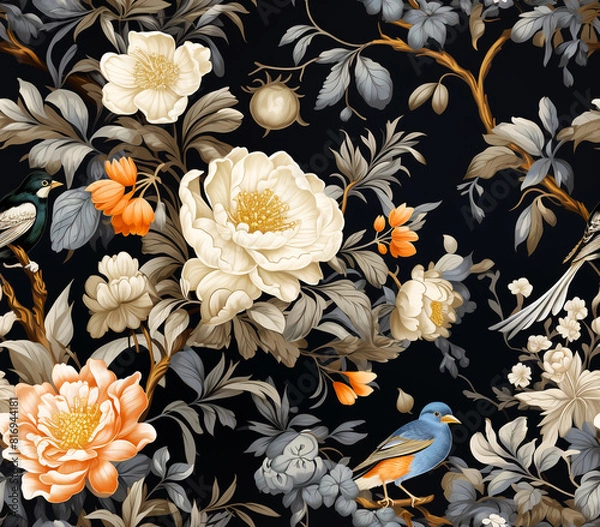 Obraz Blooming flower pattern with birds, seamless background, solid background.
