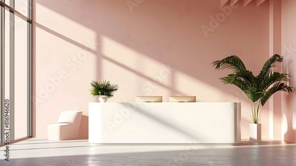 Fototapeta Modern and minimalist white reception desk in the center of an office with soft lighting, creating a clean and professional atmosphere.

