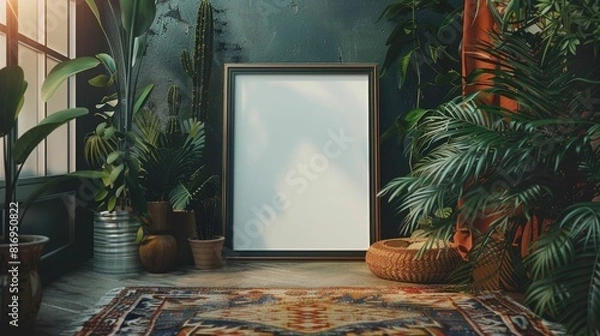 Fototapeta Cozy Bohemian Corner with Lush Tropical Foliage and Blank Poster Frame