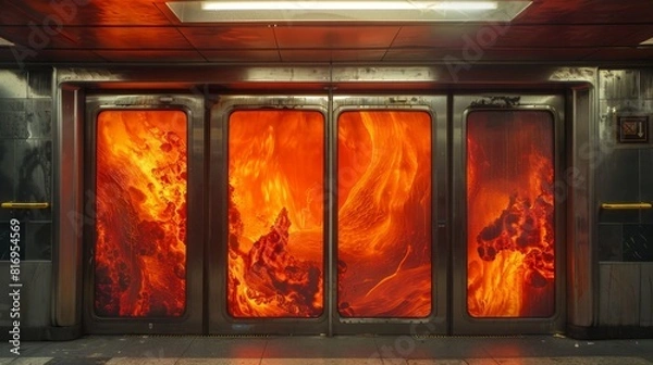 Fototapeta Subway car door with lava flows and smoky haze, creating an eerie entrance to hell, depicted in vivid magma-like colors