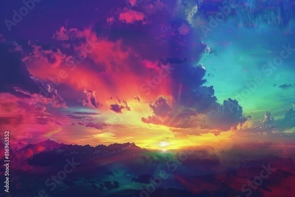 Fototapeta Mesmerizing and surreal mountain sunset with vibrant and colorful landscape. Featuring a tranquil and serene dusk sky filled with vivid clouds. Creating a majestic and dreamy panorama in a fantasy
