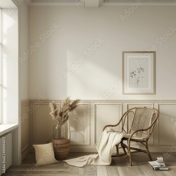 Fototapeta Minimalistic Room with Beige Decor and Elegant Furniture, Bright and Airy Interior, Ideal for Contemporary Home Design and Comfort