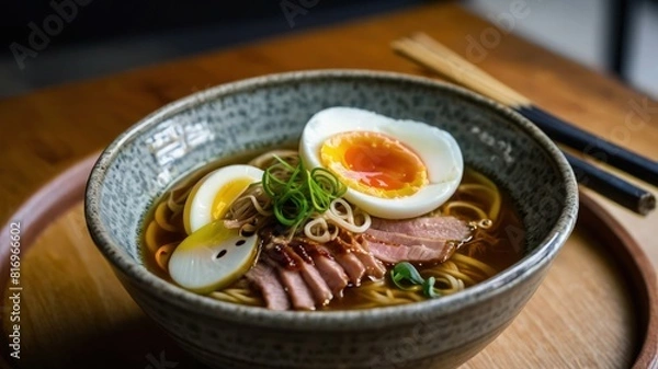 Fototapeta A bowl of ramen noodles with toppings, creating a warm and savory dining experience