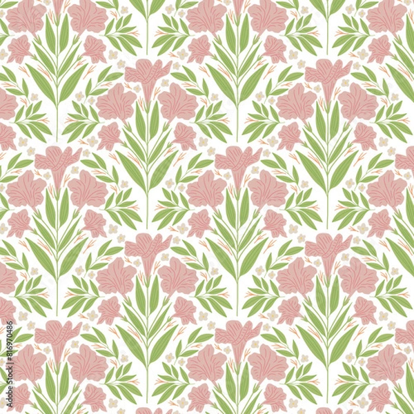 Fototapeta retro pink flowers on green branches with leaves on geometric scallop shape seamless pattern design vector