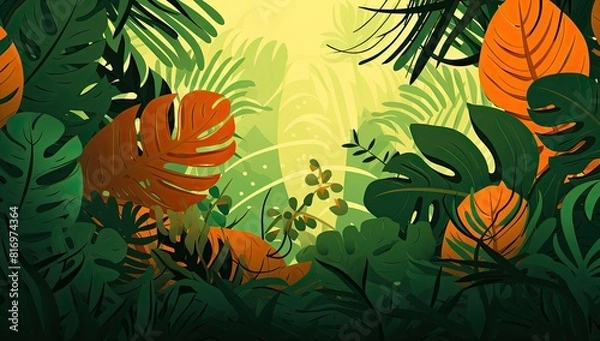 Fototapeta A vibrant picture featuring leaves and flowers set against a vivid yellow backdrop.