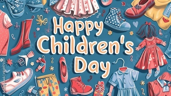 Fototapeta An adorable composition featuring the words "Happy Children's Day" written in playful, cartoon-like letters, with a background filled with children's clothing, shoes, and accessories