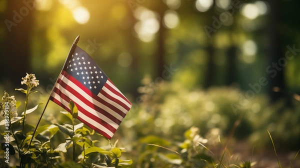 Fototapeta Close up of waving national USA flag on nature background. Memorial Day, 4th of July independence day, Old textile flag of USA as a patriotic background. Generative AI Illustrations.