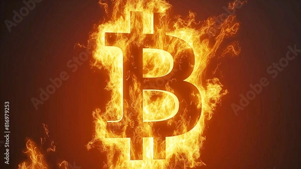 Fototapeta Burning Bitcoin in flames and fire sparkles Removing number of tokens from circulation Cryptocurrency concept