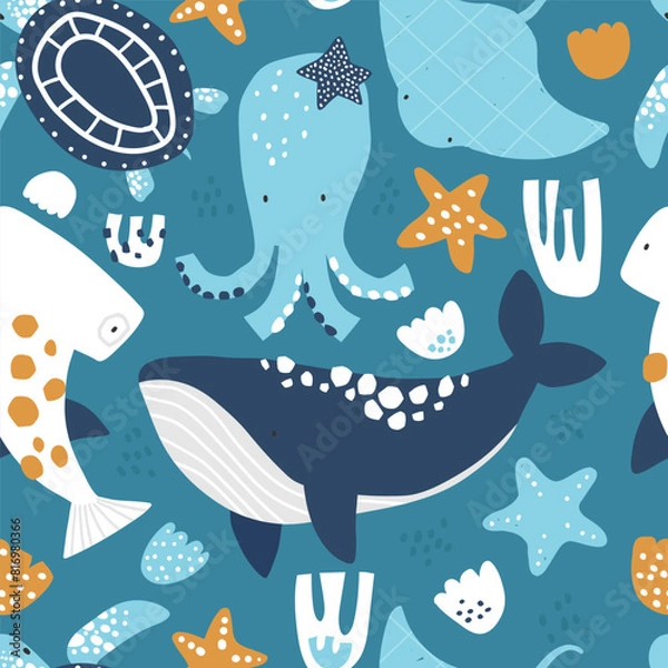Fototapeta Vector cute seamless pattern with sea creatures, shells and seaweed. Whale, octopus, narwhal, crab, turtle, hammerhead shark. Creative kids texture for fabric, wrapping, textile, wallpaper. Nursery.