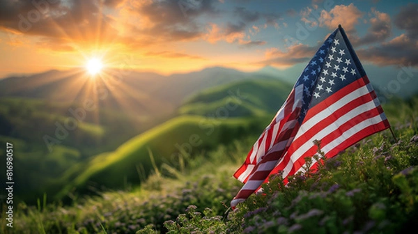 Fototapeta Close up of waving national USA flag on nature background. Memorial Day, 4th of July independence day, Old textile flag of USA as a patriotic background. Generative AI Illustrations.