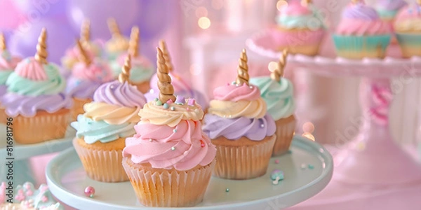 Fototapeta Unicorn themed birthday party dessert table. Pastel colored birthday cake, cupcakes and sweets decorated with unicorn accessories.