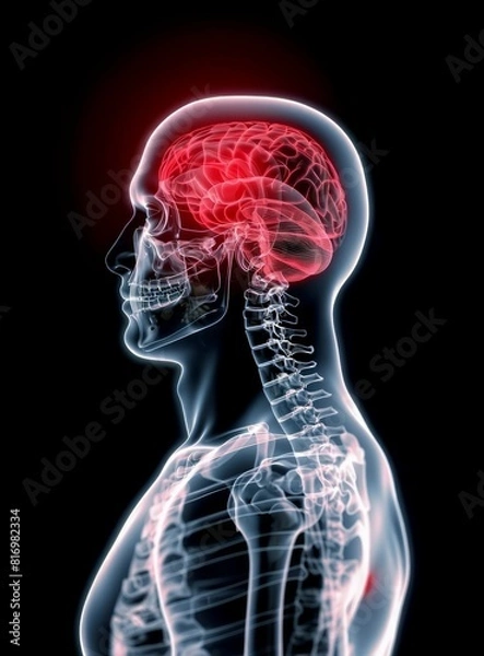 Fototapeta X ray of the head with the brain highlighted in red shows a Migraine