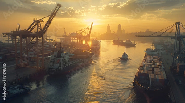 Fototapeta Busy transport with cranes loading and unloading containers from multiple ships docked at the harbor.