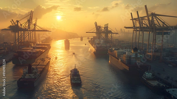 Fototapeta Busy transport with cranes loading and unloading containers from multiple ships docked at the harbor.