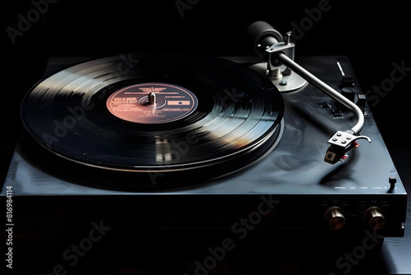 Fototapeta A high-resolution photo of a vintage vinyl record player with a vinyl record on a solid black background