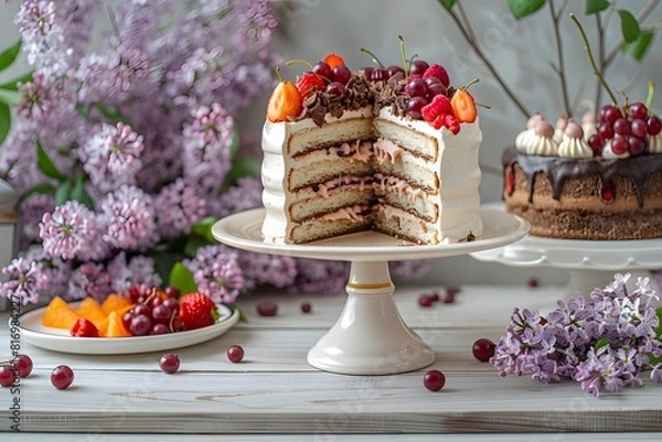 Fototapeta Impressionist Delight: Exquisite Cakes with Meringue and Fresh Fruit