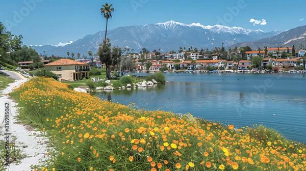 Fototapeta Lake Elsinore Hills is green, colorful and full of life.
