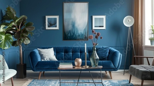 Fototapeta Elegant living room with deep blue walls, modern furniture, and natural light in a sleek, contemporary interior. Ideal for home decor and lifestyle themes.