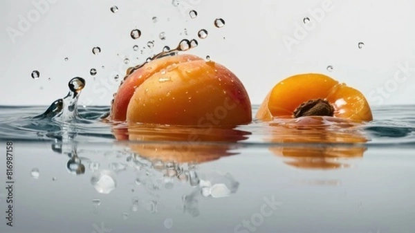 Fototapeta Apricots splash into crystal clear water, reflecting freshness and a vibrant summer concept
