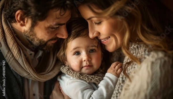 Fototapeta A mother and father in awe, studying every perfect detail of their newborn son's tiny face.