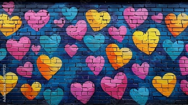 Fototapeta Colorful graffiti hearts embellish urban brick wall in vibrant and artistic display