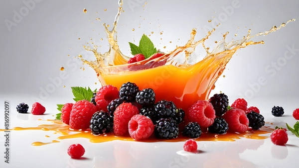 Fototapeta a splash of raspberries and blackberries in a splash of orange juice.