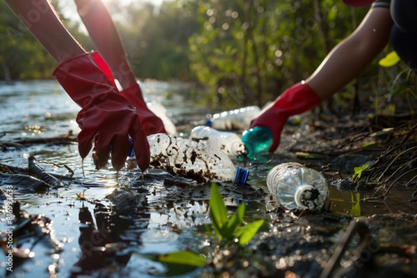 Fototapeta hand picking up garbage plastic for cleaning at river