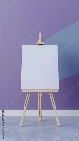 Fototapeta An easel with a white canvas on a stretcher stands in a clean purple blue room