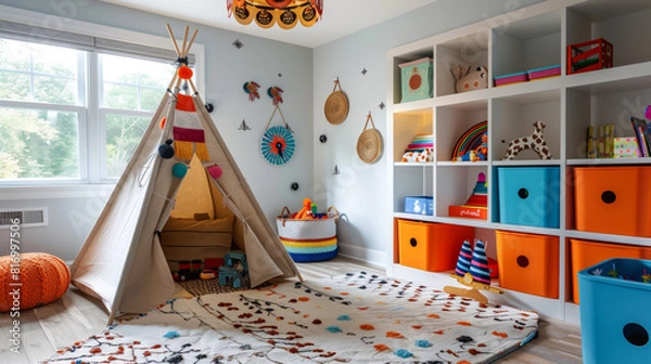 Fototapeta Bright and colorful children's playroom with a teepee tent, vibrant storage bins, and various toys organized on shelves. Decor includes wall hangings and soft rugs.