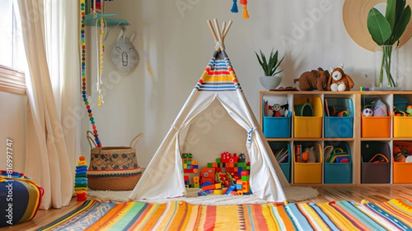 Fototapeta Colorful children's playroom featuring a small teepee tent with building blocks inside, organized storage boxes filled with toys, and various decorative elements.