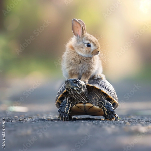 Obraz The rabbit riding the turtle looks cute