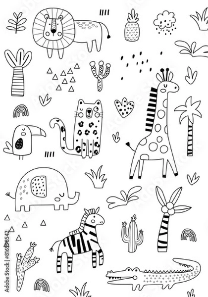 Fototapeta Outline vector illustration of tropical animals for anti-stress coloring book isolated on a white background. Coloring page for adults and children. Vector