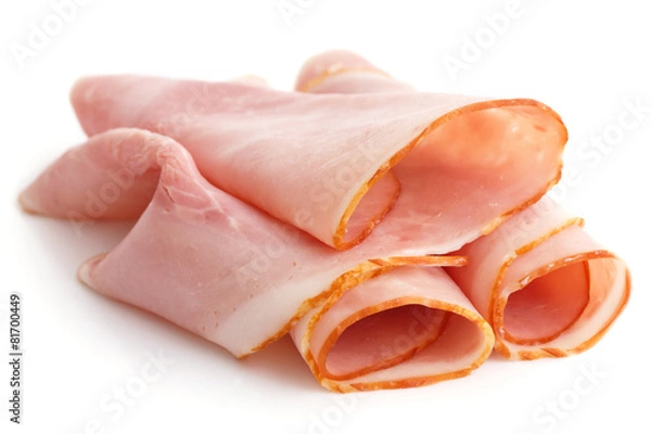 Obraz Plastry szynki premium ułożone na białym tle.