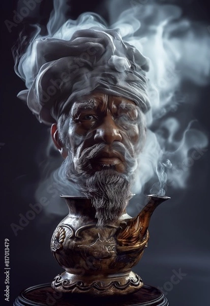 Fototapeta A magic lamp emitting smoke with the face of an old magician emerging from it, photo realistic, fairytale concept.