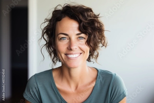 Fototapeta Portrait of a smiling woman in her 40s smiling at the camera isolated in minimalist or empty room background