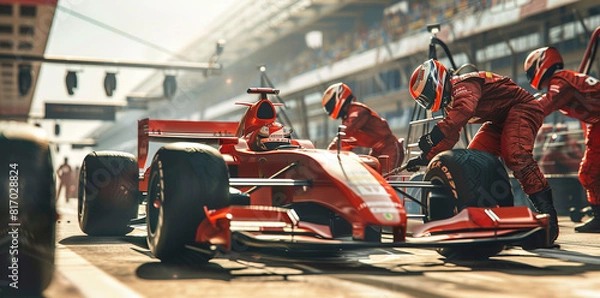 Fototapeta a red formula one car in the pit lane with its crew members around it