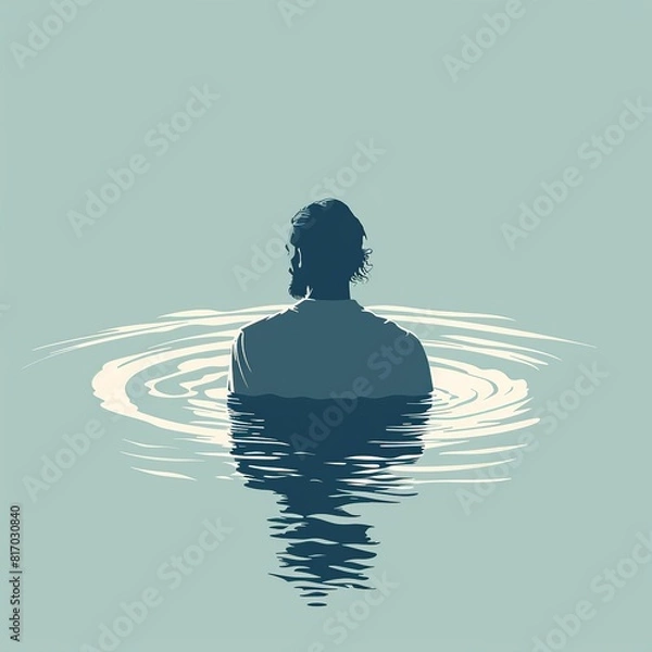 Fototapeta A serene and minimalistic illustration of Jesus being baptized, featuring a peaceful depiction of Jesus in the water during the baptism scene, characterized by simplicity 