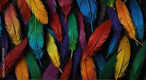 Obraz Rainbow feathers arranged on a black background, creating a vibrant and contrasting display of colors.