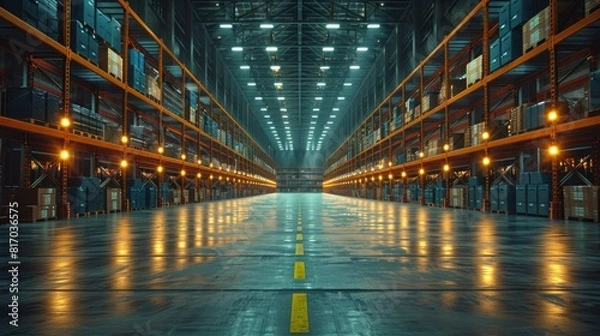 Fototapeta A empty long warehouse with tall shelves on both sides. The shelves are lit up by bright lights.