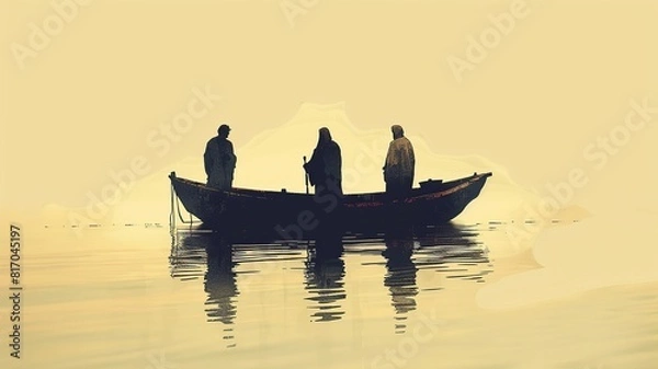 Fototapeta A minimalist illustration featuring Jesus, Peter, and James in a boat, showcasing three peaceful figures with minimalistic details, set in a serene scene that highlights 
