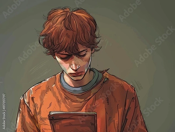 Fototapeta A young man with short red hair and a beard is sitting on a bed in a prison cell. He is wearing an orange jumpsuit and is looking down at a book in his hands. The background is a dark green color.