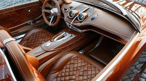 Fototapeta The image shows the inside of a brown sports car, with a close-up of the steering wheel, dashboard, and leather seats.