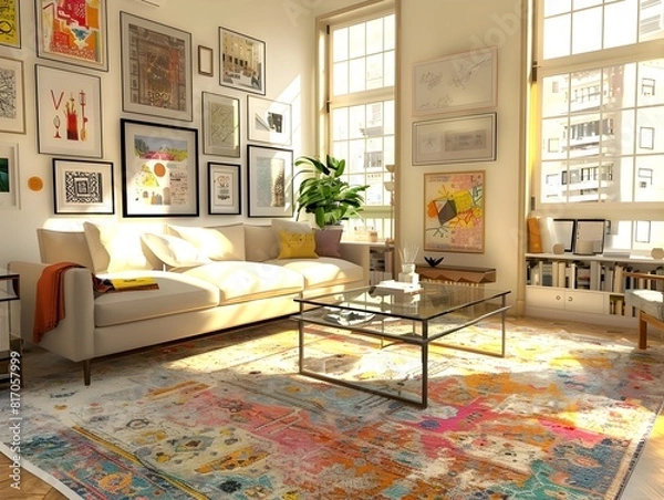 Fototapeta BohoChic Eclectic Living Room with Vintage Rug and Industrial Coffee Table in Warm Natural Light