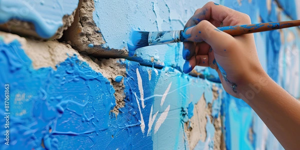 Fototapeta Electric Blue:  A Vibrant Activist Revitalizes a Broken Barrier with Colors of Unity, Resilience and Determination.