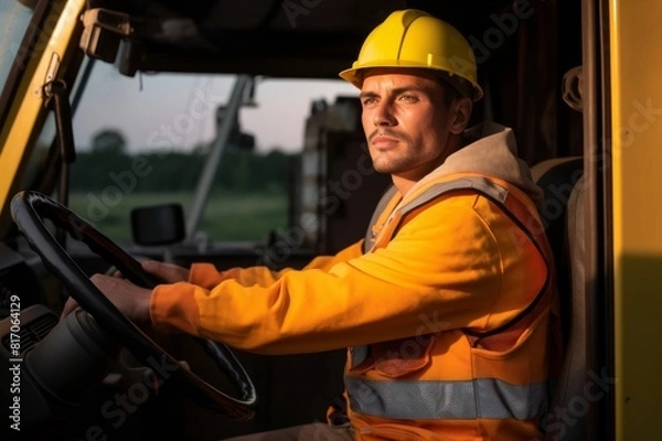Fototapeta Man dressed in protective clothing, ready for work. A man sits in a truck and holds the steering wheel