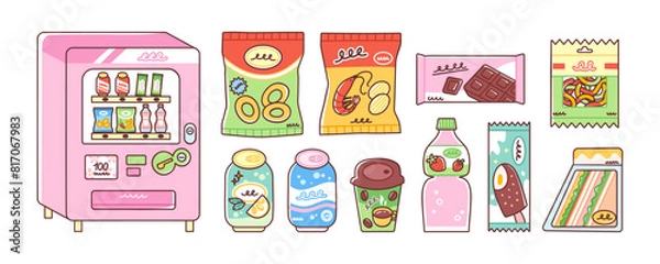 Obraz Vending machine and various snacks and drinks. Vector illustration of food sold in vending machines such as potato chips, onion rings, soda cans and sandwiches. Isolated on white background.