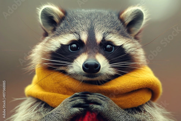 Fototapeta Cute Raccoon Wearing a Yellow Scarf. Adorable and Cozy Animal Portrait. Concept of Wildlife and Warmth. Design for Greeting Card, Poster, and Children's Book