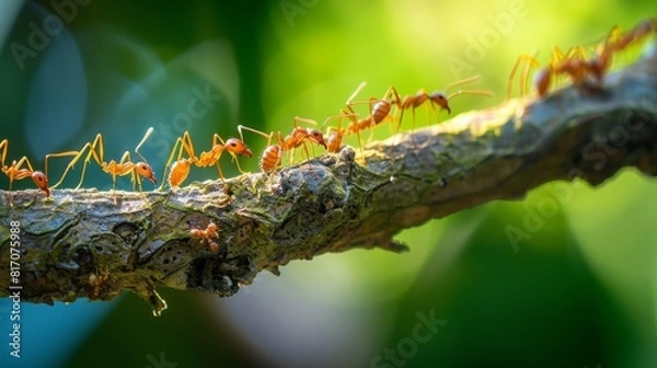Fototapeta Close-up of a line of ants marching along a tree branch, showcasing their organized and cooperative behavior.